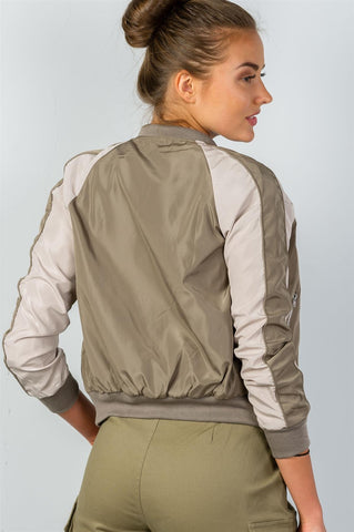 Ladies fashion color block stand collar zipper long sleeve bomber jacket