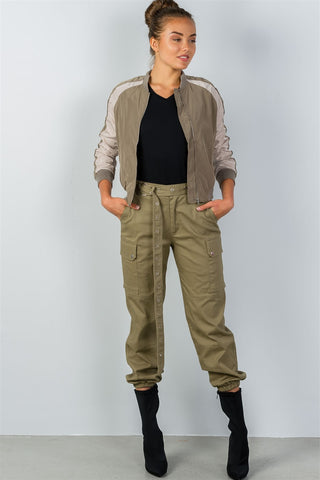 Ladies fashion color block stand collar zipper long sleeve bomber jacket