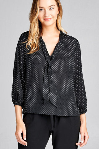 Ladies fashion 3/4 sleeve self bow tie neck back keyhole dot print woven top