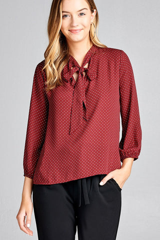 Ladies fashion 3/4 sleeve self bow tie neck back keyhole dot print woven top