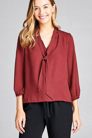 Ladies fashion 3/4 sleeve self bow tie neck back keyhole dot print woven top