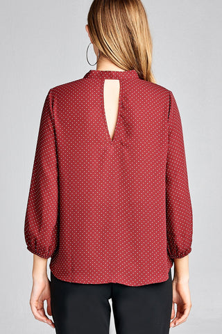 Ladies fashion 3/4 sleeve self bow tie neck back keyhole dot print woven top