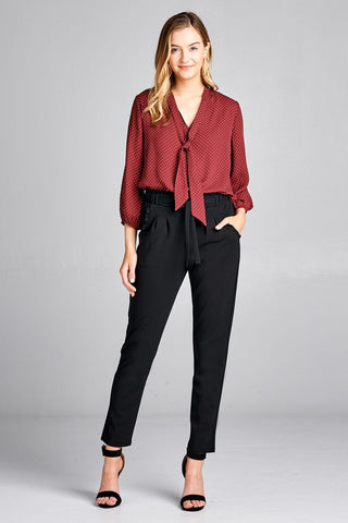 Ladies fashion 3/4 sleeve self bow tie neck back keyhole dot print woven top