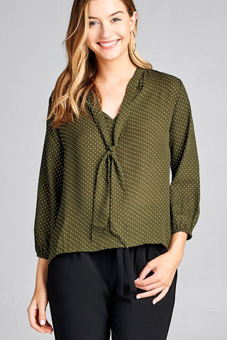 Ladies fashion 3/4 sleeve self bow tie neck back keyhole dot print woven top