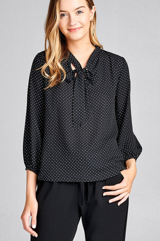 Ladies fashion 3/4 sleeve self bow tie neck back keyhole dot print woven top