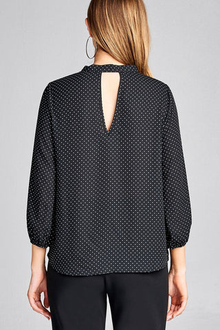 Ladies fashion 3/4 sleeve self bow tie neck back keyhole dot print woven top