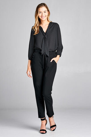 Ladies fashion 3/4 sleeve self bow tie neck back keyhole dot print woven top