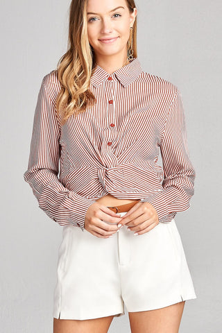 Ladies fashion long sleeve front knot w/button stripe rayon challis woven top