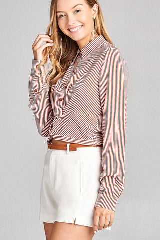 Ladies fashion long sleeve front knot w/button stripe rayon challis woven top