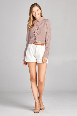 Ladies fashion long sleeve front knot w/button stripe rayon challis woven top