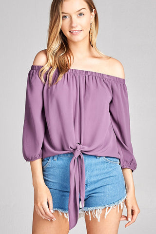 Ladies fashion 3/4 sleeve off the shoulder front self-tie crepe woven top