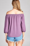 Ladies fashion 3/4 sleeve off the shoulder front self-tie crepe woven top