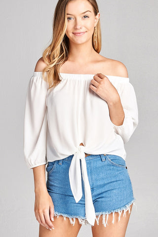 Ladies fashion 3/4 sleeve off the shoulder front self-tie crepe woven top