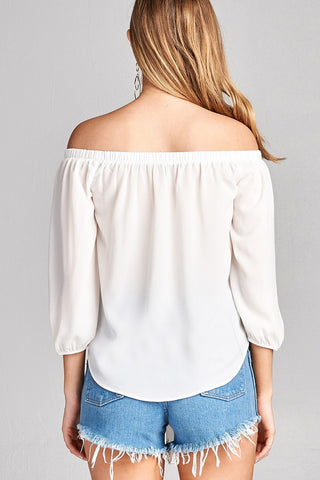 Ladies fashion 3/4 sleeve off the shoulder front self-tie crepe woven top