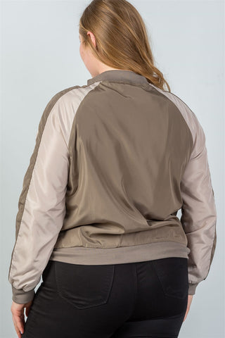 Ladies fashion plus size color block stand collar zipper long sleeve bomber jacket