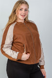 Ladies fashion plus size color block stand collar zipper long sleeve bomber jacket