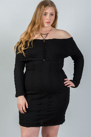 Ladies fashion plus size off the shoulder black ribbed long sleeve bodycon sweater dress