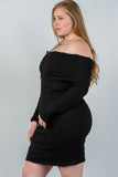 Ladies fashion plus size off the shoulder black ribbed long sleeve bodycon sweater dress