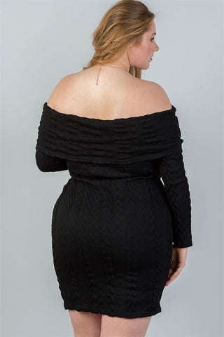 Ladies fashion plus size off the shoulder black ribbed long sleeve bodycon sweater dress