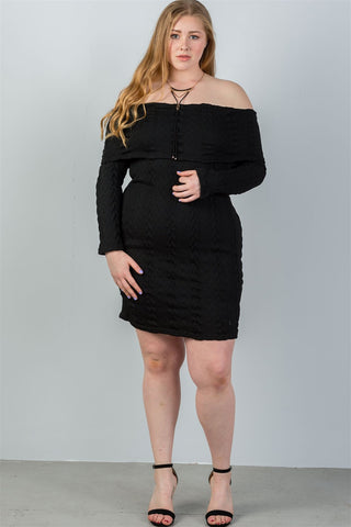 Ladies fashion plus size off the shoulder black ribbed long sleeve bodycon sweater dress