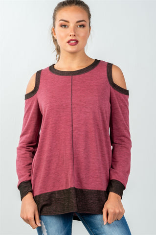 Ladies fashion cold shoulder hi-low colorblock sweatshirt