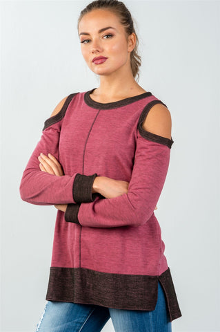 Ladies fashion cold shoulder hi-low colorblock sweatshirt