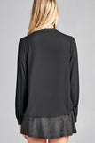 Ladies fashion long sleeve v-neck w/self tie detail wool dobby woven top