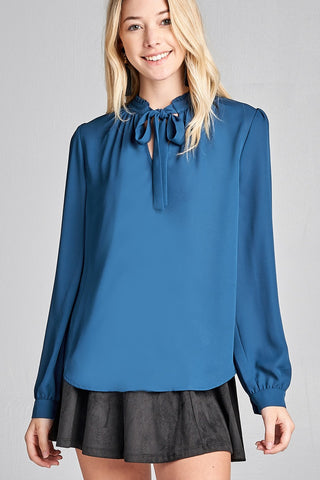 Ladies fashion long sleeve v-neck w/self tie detail wool dobby woven top