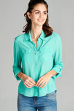 Ladies fashion long sleeve front pocket chiffon blouse w/ back button detail
