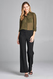 Ladies fashion long sleeve front pocket chiffon blouse w/ back button detail