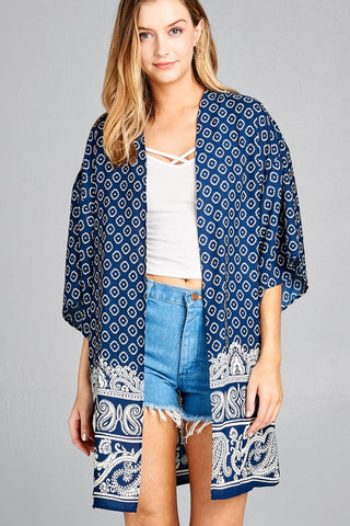 Ladies fashion open front border print woven kimono