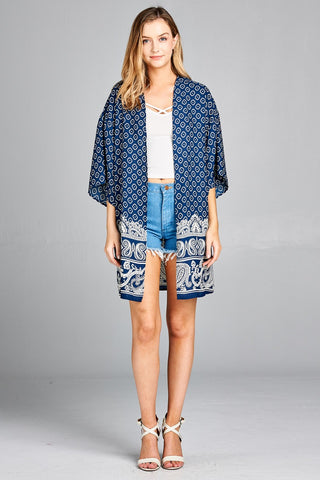 Ladies fashion open front border print woven kimono