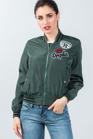 Ladies fashion ribbed trim patch bomber jacket
