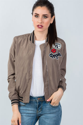 Ladies fashion ribbed trim patch bomber jacket
