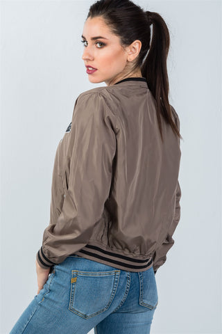 Ladies fashion ribbed trim patch bomber jacket