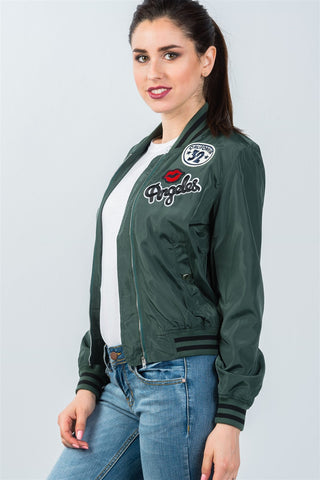 Ladies fashion ribbed trim patch bomber jacket