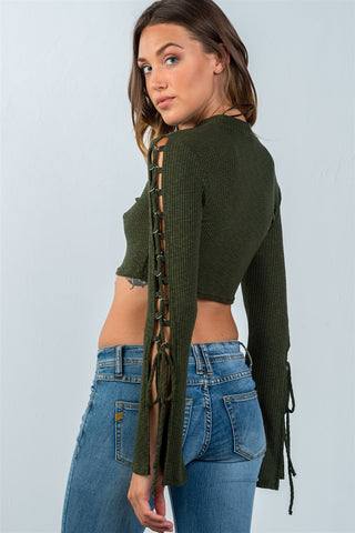 Ladies fashion split sleeve lace up ribbed crop top