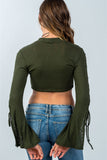 Ladies fashion split sleeve lace up ribbed crop top