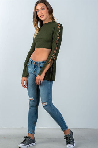 Ladies fashion split sleeve lace up ribbed crop top