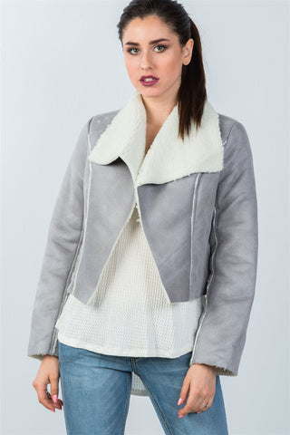 Ladies fashion relaxed fit faux sheepskin drape neck jacket