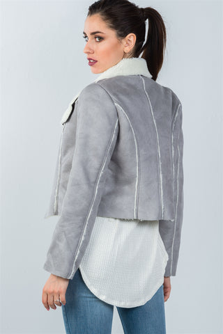 Ladies fashion relaxed fit faux sheepskin drape neck jacket