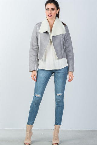 Ladies fashion relaxed fit faux sheepskin drape neck jacket