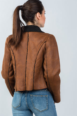 Ladies fashion relaxed fit faux sheepskin drape neck jacket