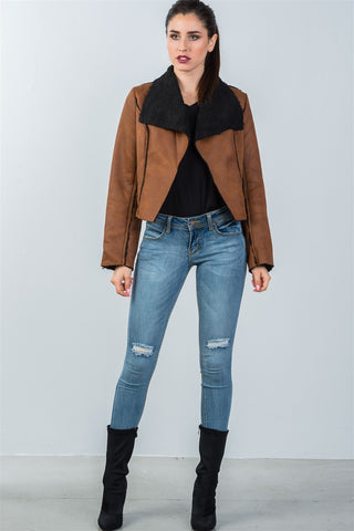 Ladies fashion relaxed fit faux sheepskin drape neck jacket