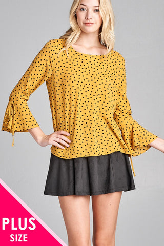 Ladies fashion plus size 3/4 w/bell sleeve round neck dot print crepe woven top