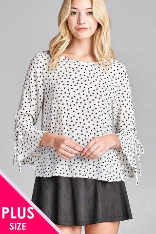 Ladies fashion plus size 3/4 w/bell sleeve round neck dot print crepe woven top