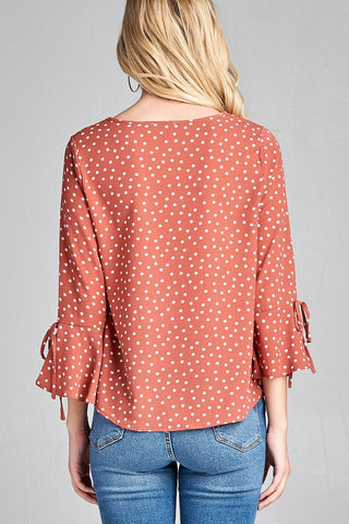 Ladies fashion plus size 3/4 w/bell sleeve round neck dot print crepe woven top