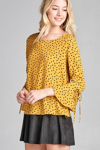 Ladies fashion plus size 3/4 w/bell sleeve round neck dot print crepe woven top