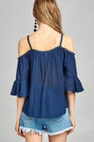 Ladies fashion plus size short sleeve open shoulder w/lace trim sub gauze woven top