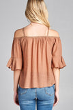 Ladies fashion plus size short sleeve open shoulder w/lace trim sub gauze woven top